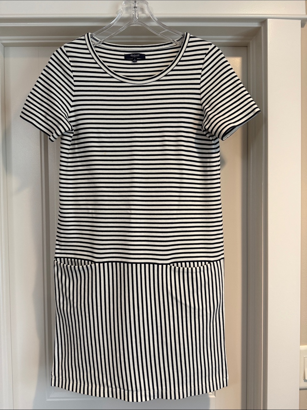 Striped Short-Sleeve Shift Dress - navy and cream striped